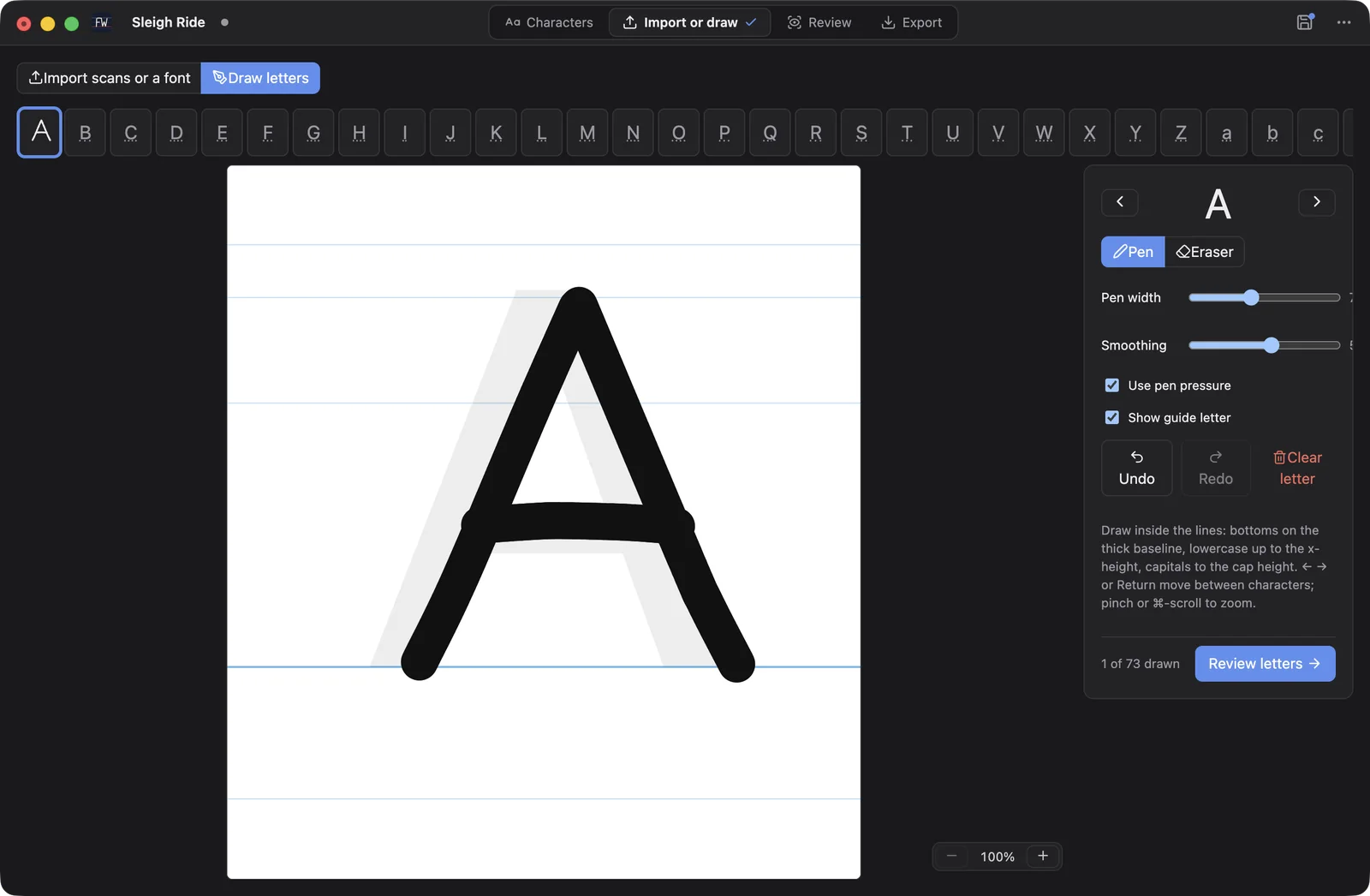 Step 2, Draw: a capital A drawn over a faint guide letter on the writing lines, with pen width, smoothing and pen pressure settings
