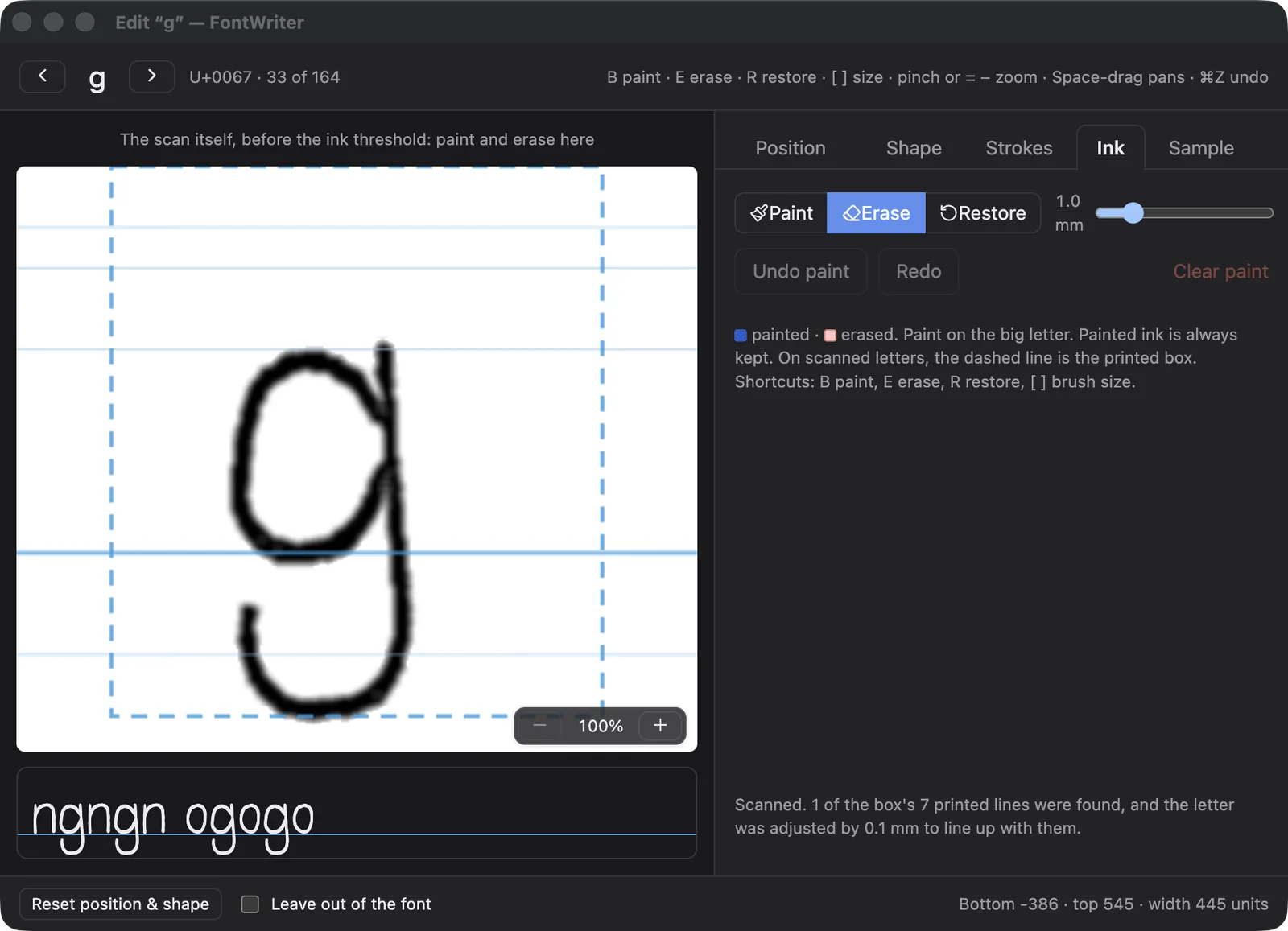 The Ink tab, zoomed in on a letter with a brush for painting and erasing ink