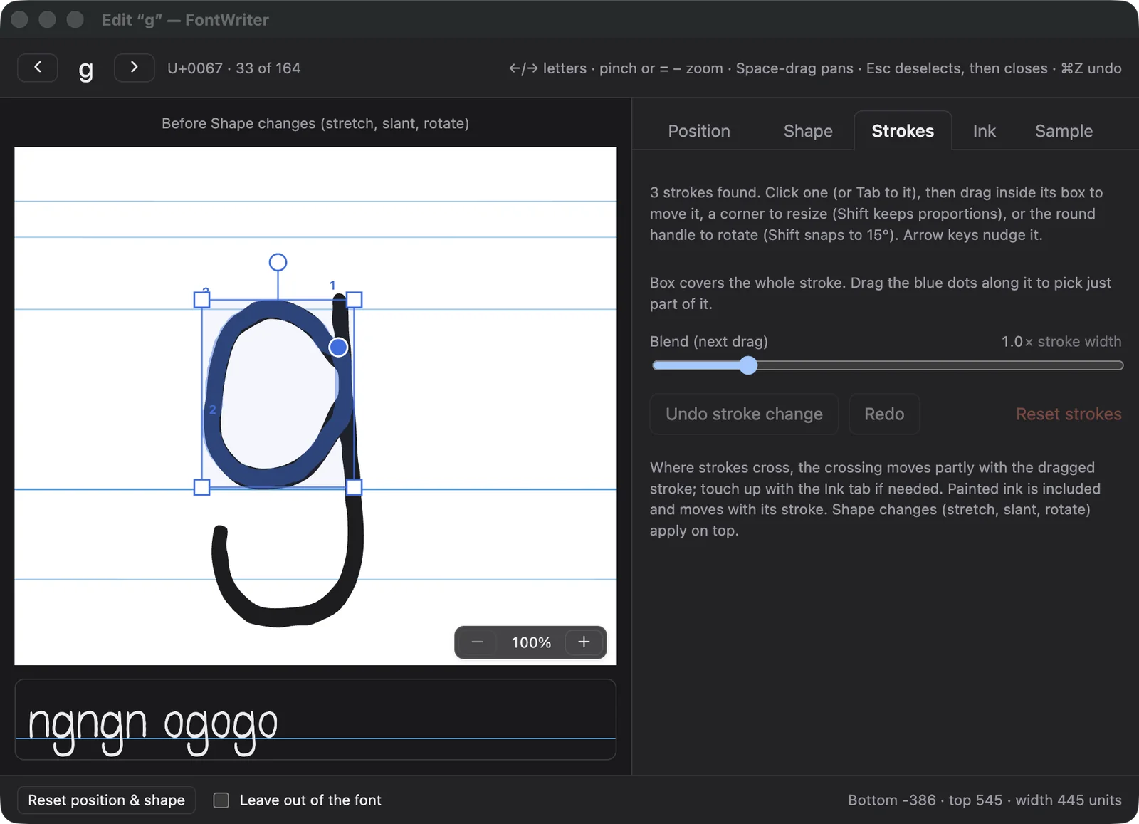 The Strokes tab, with the letter's pen strokes found automatically and a box to move or rotate one of them