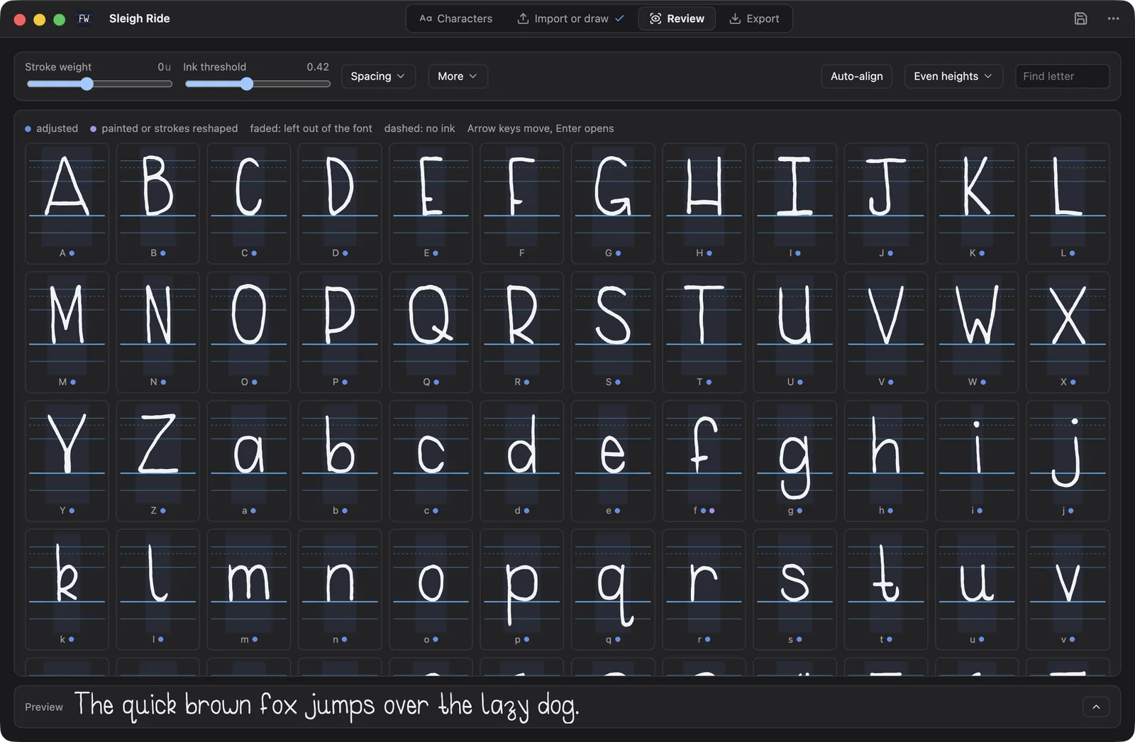 The Review step, showing a grid of handwritten letters from A to Z, a to z and 0 to 9, each drawn on its guide lines